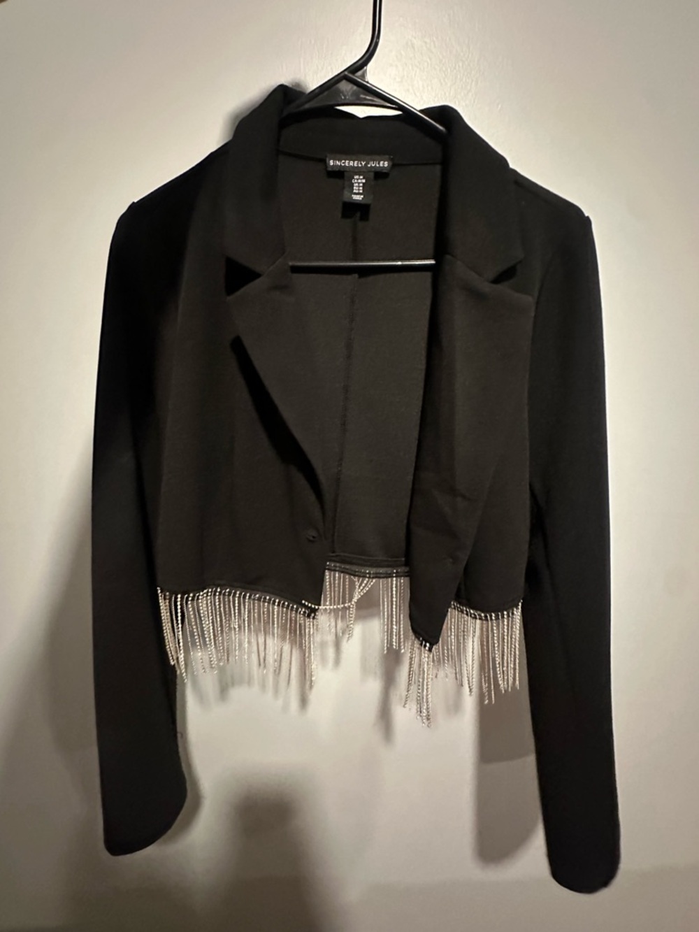 Sincerly Jules Black Cropped Blazer with Silver Fringe Trim